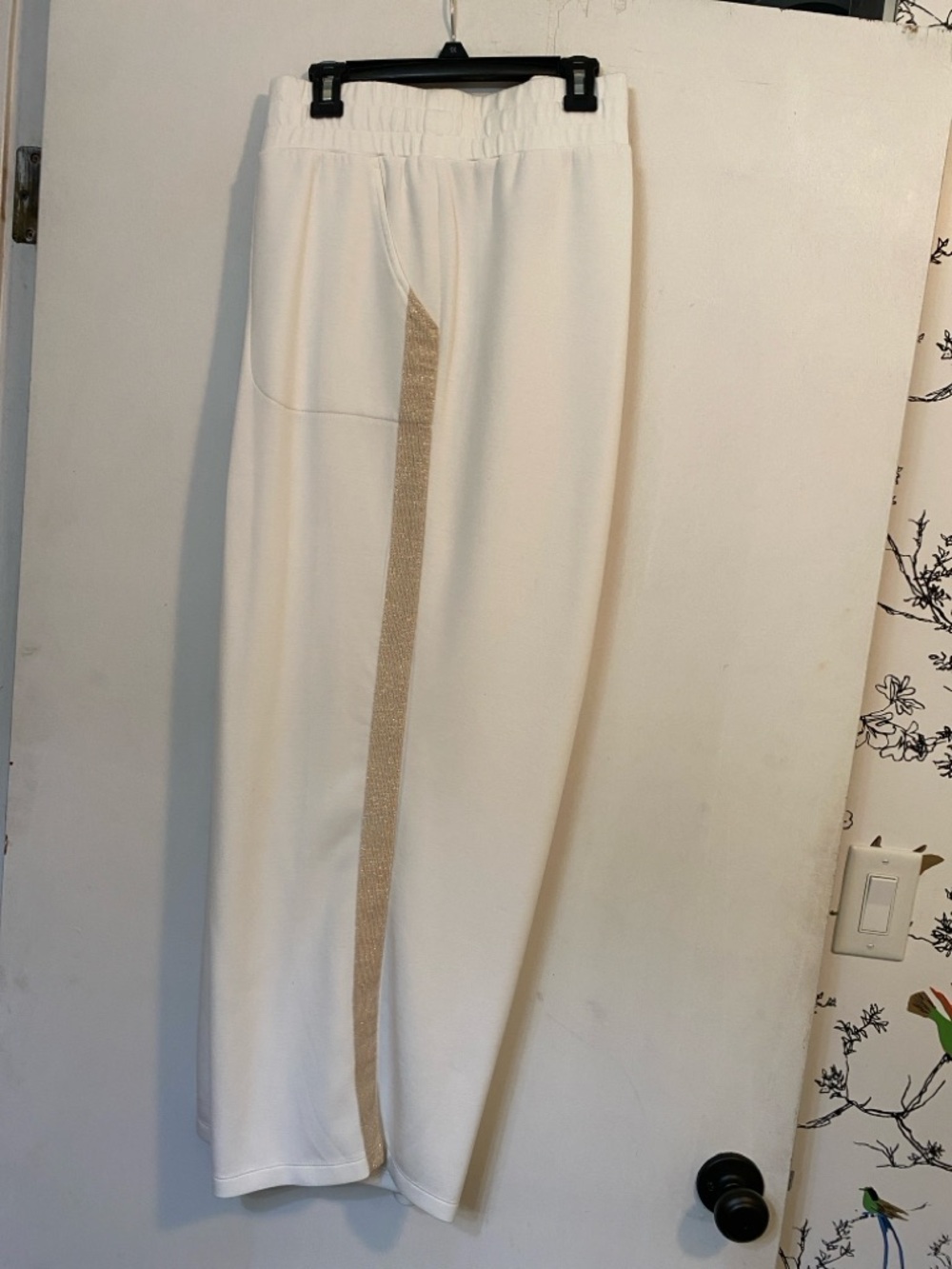 White Wide-Leg Pants with Champagne Gold Sparkle Stripe